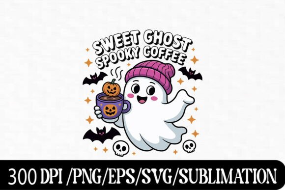 Download "Cozy Ghost in Pink Hat with Pumpkin Mug - Ink Collection