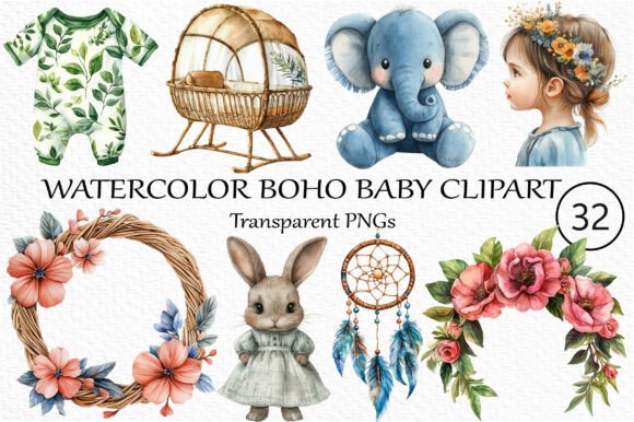 Download Watercolor Boho Baby Clipart Bundle - Watercolor boho Collection