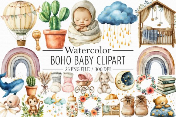Download Watercolor Boho Baby Clipart, - Watercolor boho Collection