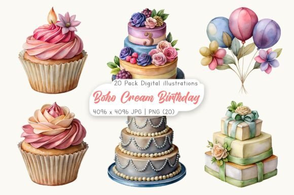 Download Watercolor Boho Cream Birthday Clipart - Watercolor boho Collection